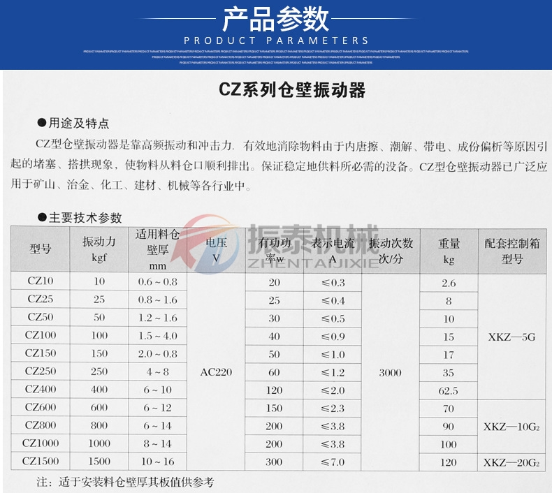 CZ電磁料倉振動器技術參數